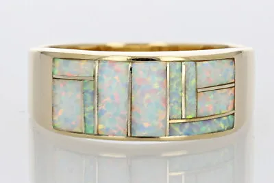 Lab-Created Opal Inlay Statement Men's Band Ring 14k Yellow Gold Size 13.75 • $503.99