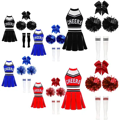 Girls Cheer Leader Outfit Cheerleading Crop Top And Skirt Pom Pom Socks Headwear • £6.43