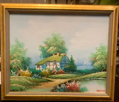 VTG  Oil Painting On Canvas Country Cottage Signed By  Marten Framed 12  X 10  • $29.95