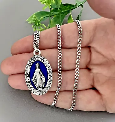 BLUE Large 1.25  Miraculous Medal Mary Pendant Necklace ITALY & 24  Curb Chain • $14.99