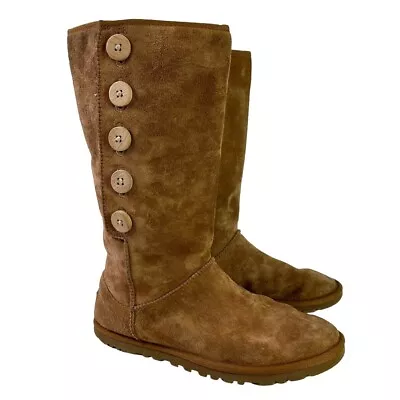 Ugg 3387 Lo Pro Button Fold Over Suede Leather Sheepskin Womens Tan Boots 6 • £38.60