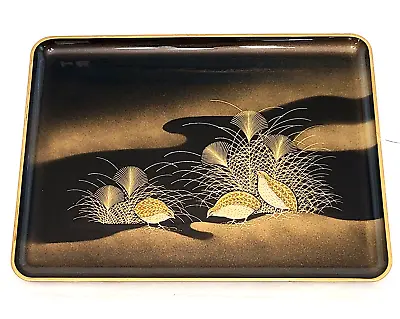 Otagiri Lacquerware Tray Black Gold Quails 14x10.5  Vintage Japan • $25