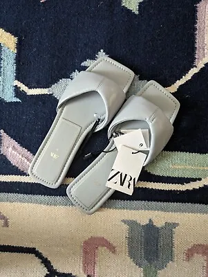 $9.99 • Buy Zara Denim Blue Leather Square Toe Blogger Favorite Quilted Sandals Slides NWT