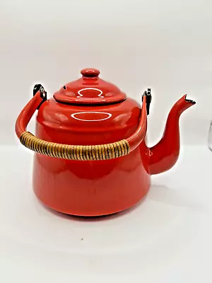 Teapot Vintage Enamelware Graniteware Red 4 Cup Farmhouse Bamboo Wrapped Handle • $24