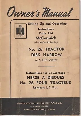 McCormick No. 26 Tractor Disk Harrow Owners Manual Setting Up & Parts List • $12