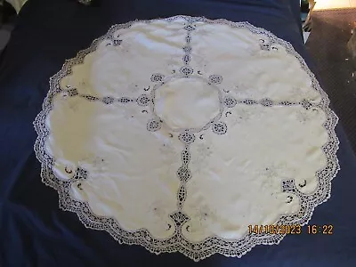 Vintage Madeira Hand Embroidered Tablecloth 48  Diameter Cream Gray  As Is  • $24.99