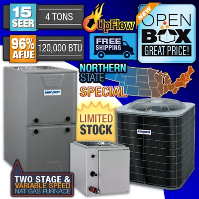 $3884.50 • Buy 4 Ton 15 SEER 96% 100K BTU AirQuest 2 Stage Gas Furnace & AC System Open Box