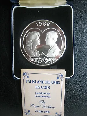 Falkland Islands 1986 Large Silver Proof £25 Pounds Coin ~ Royal Wedding ~ COA  • £134.99