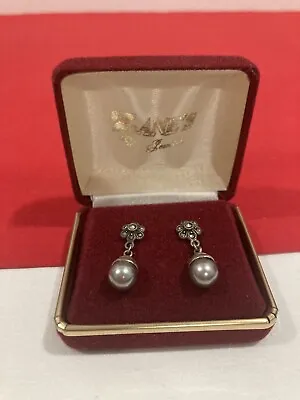 Vintage A 925 Signed Sterling Silver Marcasite Pearl Dangle Drop Earrings IN BOX • £38.52