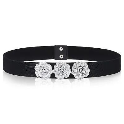 Black Tea Buckle Waist Belt Women Ladies Elasticated Stretchable Flower Motif • £4.35