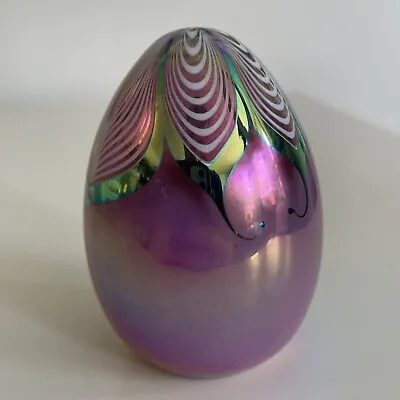 Stuart Abelman Iridescent Art Glass Pulled Feather Paperweight 1995 Egg /400 • $71.99