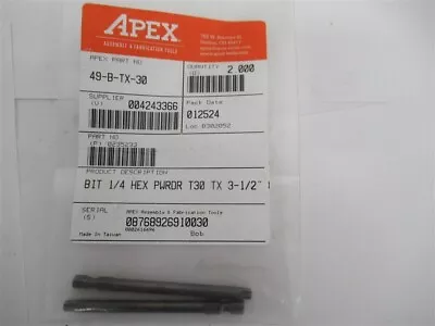 Apex 49-B-TX-30  T-30  1/4  Torx Power Drive Bit  3-1/2 L (PK 2) • $22