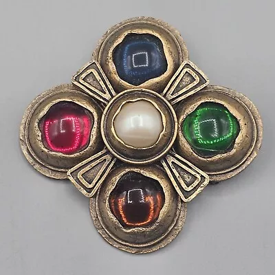 Mogul Maltese Cross Brooch Pin Gold Tone Glass Cabochons Multicolor Faux Pearl • $29.99
