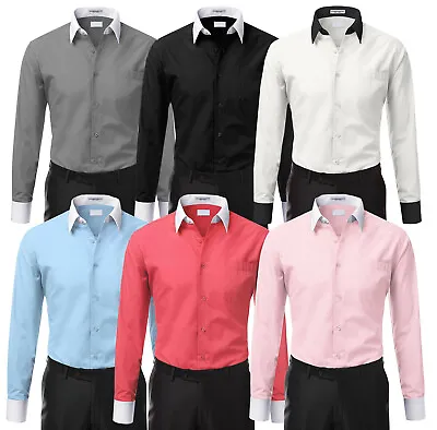 Men's Two Tone Italian Style Dress Shirt Stylish Contrast White Cuffs & Collar   • $26.24