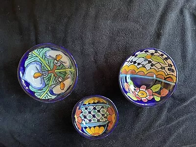 Mexico Ceramic Talavera  3 Small Salsa Bowls Hand Painted Terracotta Mexican • $19