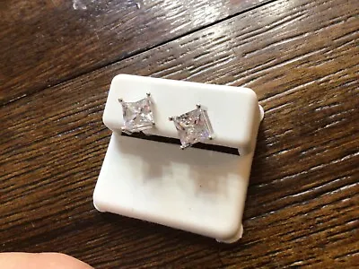 1/2 CARAT Square CUBIC ZIRCONIA -SOLID .925 STERLING Signed Stud Earrings NIP • $0.99