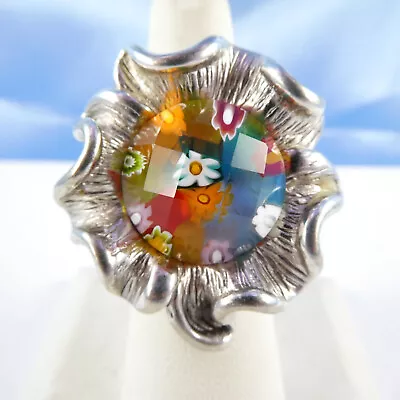 ALAN K Sterling Silver 925 Millefiori Glass Flower Ring Multi Color Faceted Dome • $39.99