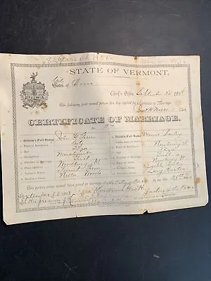 A VERY OLD MARRIAGE CERTIFICATE September 24 1898￼ Vermont • $16.20