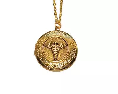 Handmade Antique Gold Caduceus Medical Symbol Locket Necklace • $28.50