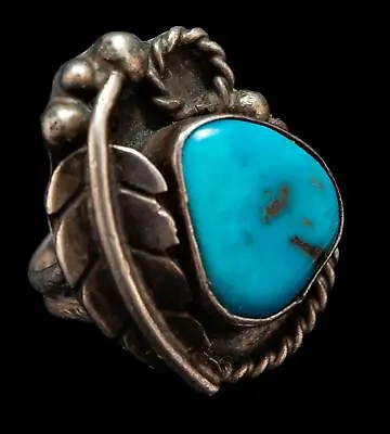 Vintage Sterling Silver Twisted Rope Feather Beads Turquoise Ring • $85