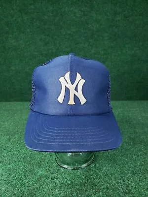 Vtg. MLB New York Yankees Blue Mesh Snapback Trucker Cap/We Cover The World • $34.99