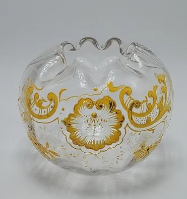 Antique Legras Mont Joye Art Glass Rose Bowl Vase Gold Enameled  Decoration • $135