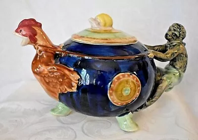 Majolica Pottery Minton Style Teapot W Monkey Rooster & Snail Great Condition • $55