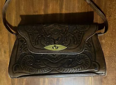 Vintage Genuine Leather Hand Tooled Embossed Mexican Handbag Floral Design  • $40