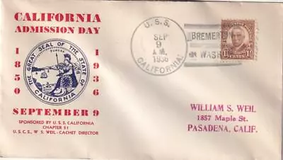 1936 USS California BB-44 Bremerton WA To Pasadena CA (N6915) • $9.95