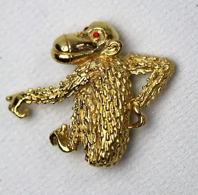 Vintage MONKEY Pin Brooch Signed GERRY'S Red Rhinestone Eyes - Gold Tone • $10.41