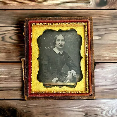 Antique AMBROTYPE Photo Smirking Woman Daguerreotype 1/2 Case Embossed Leather • $39.99