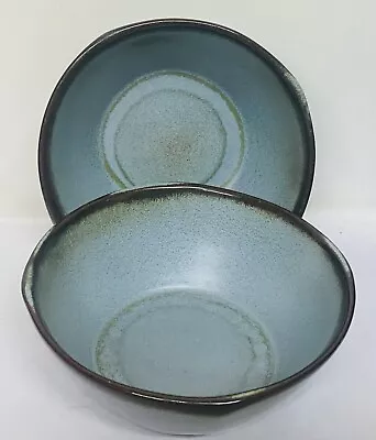 Lot 2 X Vintage FRANKOMA Pottery PLAINSMAN WOODLAND MOSS Blue CEREAL BOWLS 5.5” • $34.99