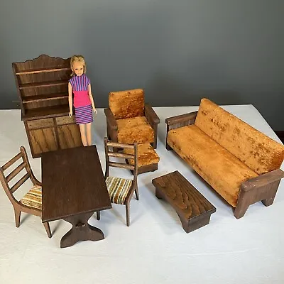 Vtg Wood Dollhouse Furniture 1970s Handmade For Barbie Kitchen Living Room MCM • $59