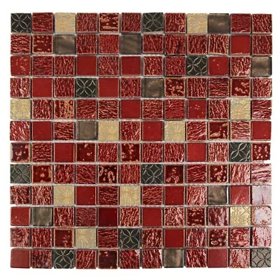 Glass & Stone Mosaic Tile Squares Kitchen Shower Backsplash Gali Carnival Red • $17.95