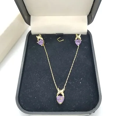 10K Yellow Gold Amethyst Earrings Necklace Set Heart Shaped Vintage Zales Purple • $225