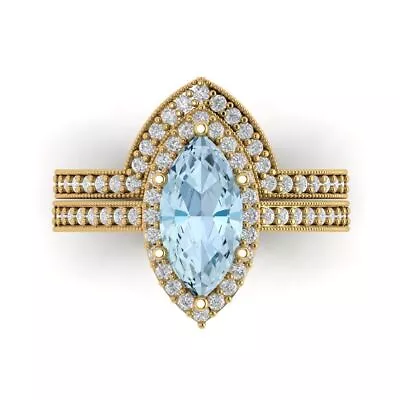 2.16ct MQ Round Halo Sky Blue Topaz Wedding Statement Ring Set 14k Yellow Gold • £468.06