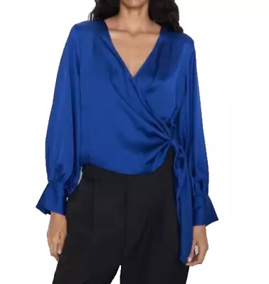 Zara Women's Satin Wrap Blouse Long Sleeve V-Neck Size S Blue • $19.99