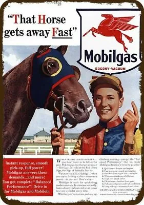1940 Horse Jockey & MOBIL Gas Mcleod Art Vntg-Look DECORATIVE REPLICA METAL SIGN • $24.99