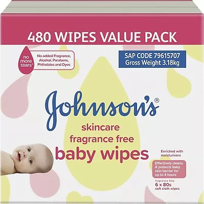 JOHNSON'S Baby Skincare Fragrance Free Baby Wipes 6 X 80 Pack • $38.99