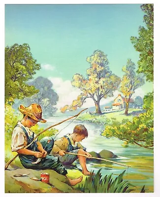 Genuine Vintage Calendar Print 1940s Lithograph Fishing Nos Rod & Reel Fish D6 • $6.75