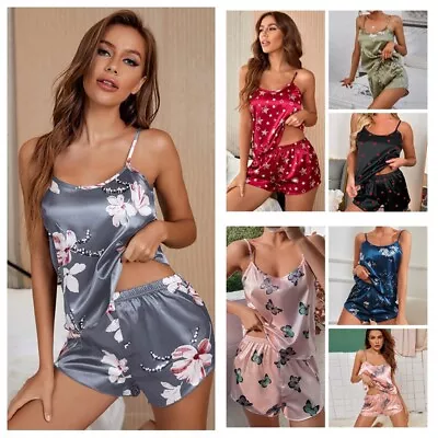 Women Ladies Satin Silk Lace Cami Vest Shorts Lingerie Pyjamas Set Pj Sleepwear • £9.58