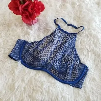 Victoria's Secret Very Sexy Lace And Mesh Blue High Neck Bra 34B NWT • £38.57