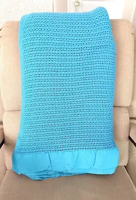 Montgomery Ward Open Waffle Weave Wool Aqua Blue Blanket Binding 77x65 Full • $35