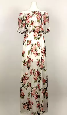 Show Me Your Mumu Brynlee Floral Maxi Dress SZ S White Pink Off Shoulder Layered • $29.99