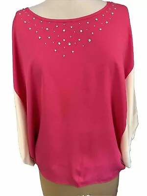 Joan Boyce HSN Pink/Ivory Rhinestone Batwing Sleeve Blouse Size XL/1X • $9.94