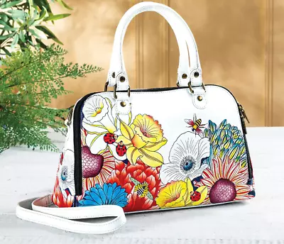 Anushka Anna Hand Painted Rainbow Blossoms Leather Satchel Crossbody Handbag • $29.99