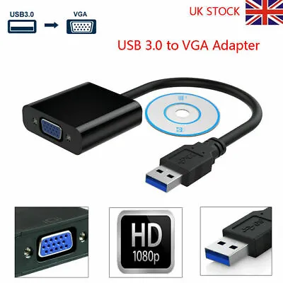 USB 3.0 To VGA Video Display Cable Adapter Lead For Windows 7 8 10 Multi-Display • £7.99