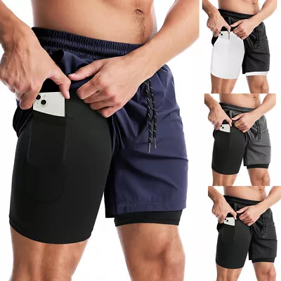 2-in-1 Men Sports Training Running Bodybuilding Workout Fitness Shorts Gym Pants • $20.79