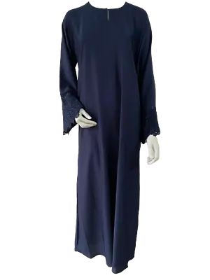 Ladies A-Line Lace Diamante Cuffed Nida Abaya/Jilbab/Maxi Navy 52545658 • £27