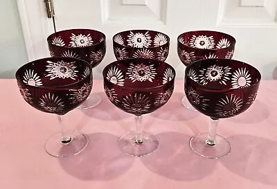 Nachtmann Traube Ruby Red Cut To Clear Crystal Sherbet/Dessert Wine Glasses (6) • $90